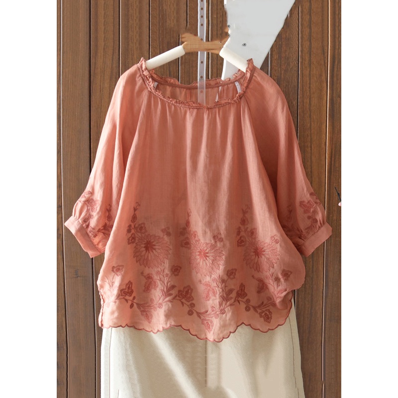 New Orange Ruffled Embroidered Linen T Shirt Half Sleeve