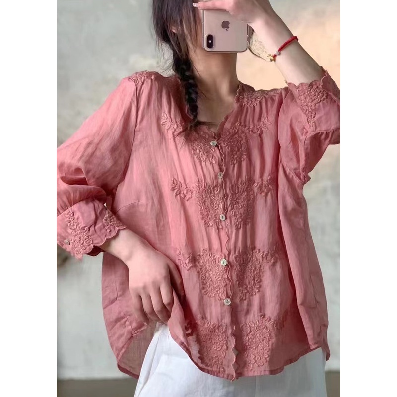New Pink V Neck Embroidered Button Linen Shirt Spring
