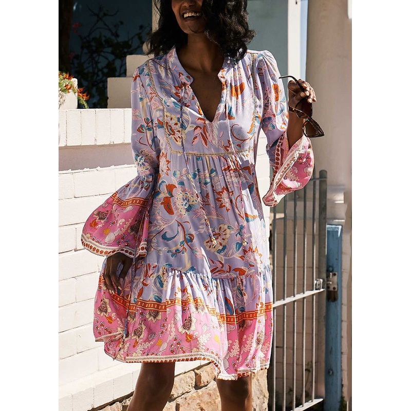 New Purple V Neck Lace Up Print Cotton Mid Dress Spring