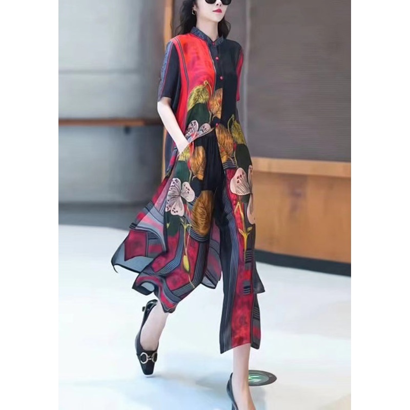 New Red Print Tops And Wide Leg Pants Silk Two Piece Set Summer