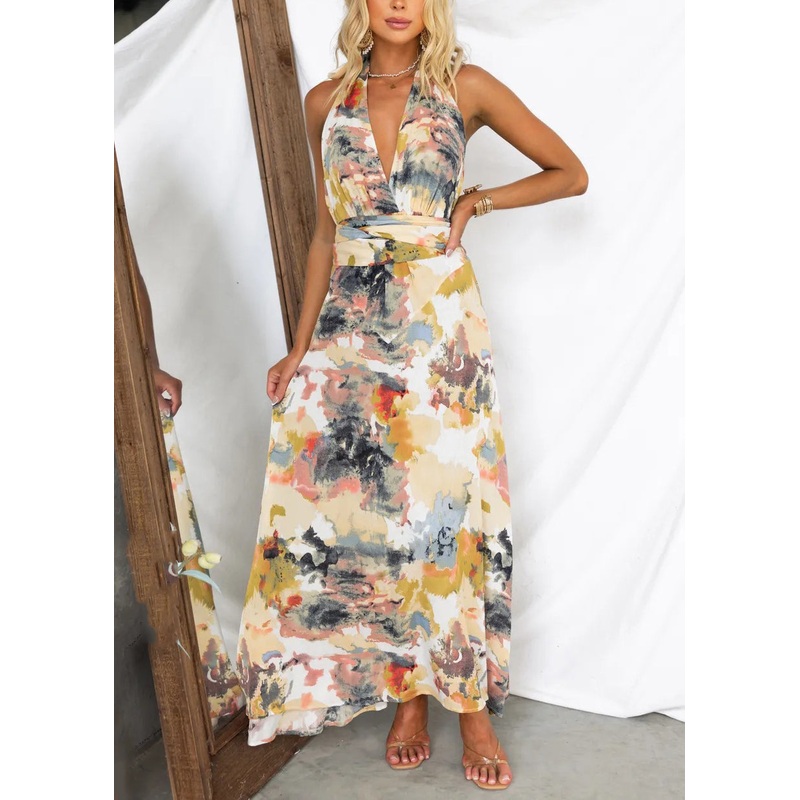 New Yellow V Neck Print High Waist Cotton Dresses Sleeveless