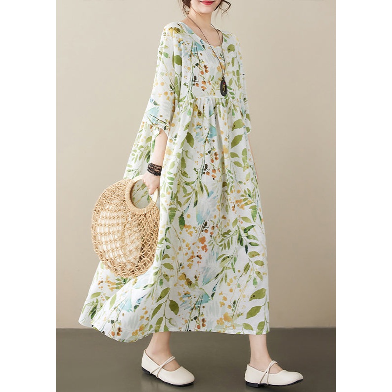 Organic Light Green O-Neck Print Wrinkled Maxi Dress Half Sleeve