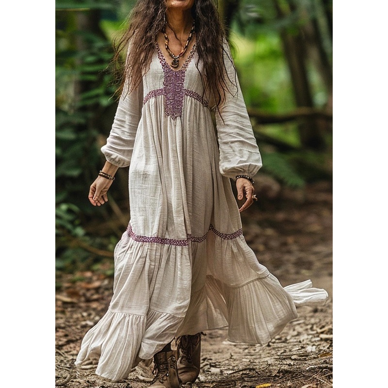 Organic V Neck Wrinkled Patchwork Cotton Long Dresses Spring