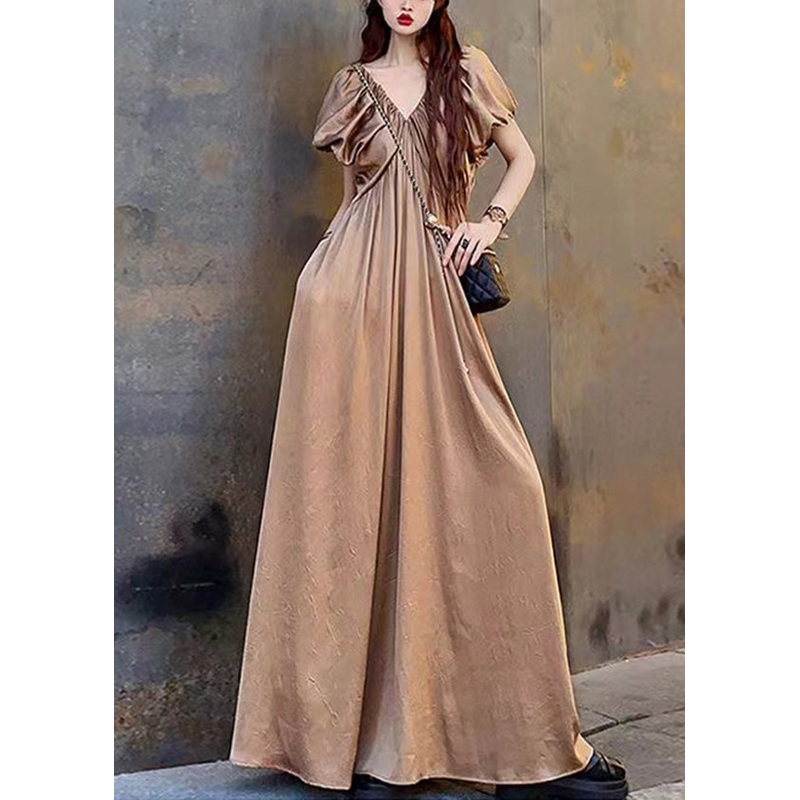 Original Champagne V Neck Wrinkled Cotton Maxi Dress Summer