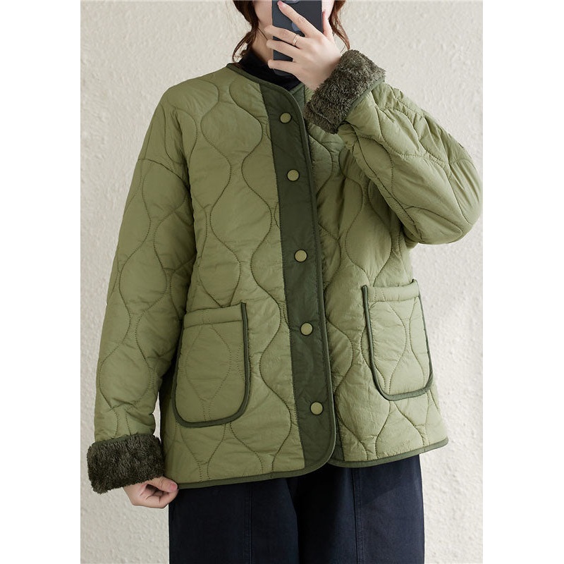 Plus Size Army Green O-Neck Patchwork Pockets Button Fleece Wool Lined Parka Winter