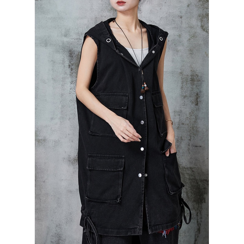 Plus Size Black Drawstring Pockets Cotton Hooded Vest Spring
