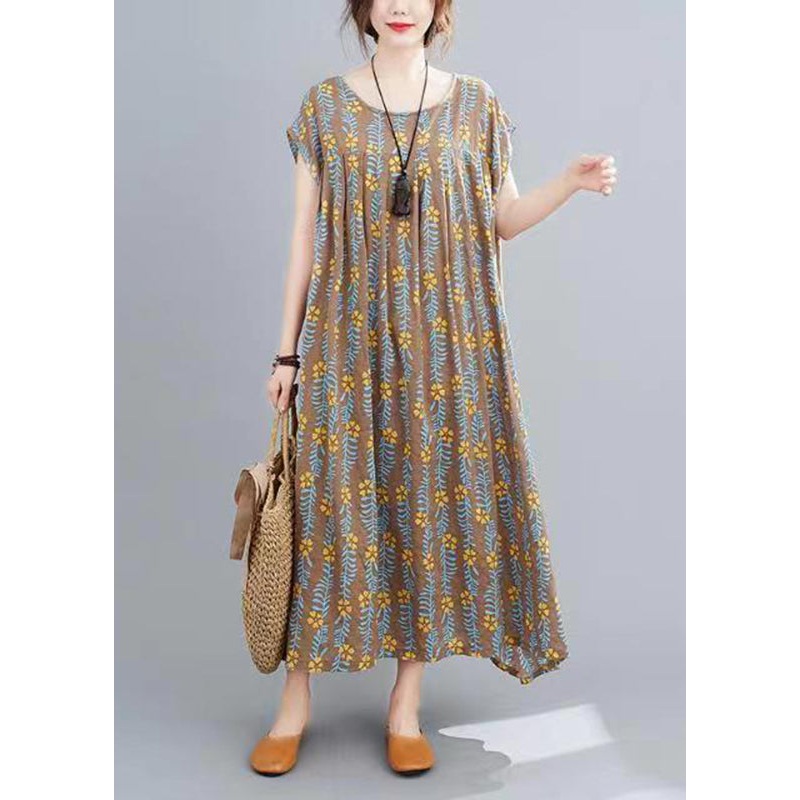 Plus Size Coffee Print Long Dress Short Sleeve