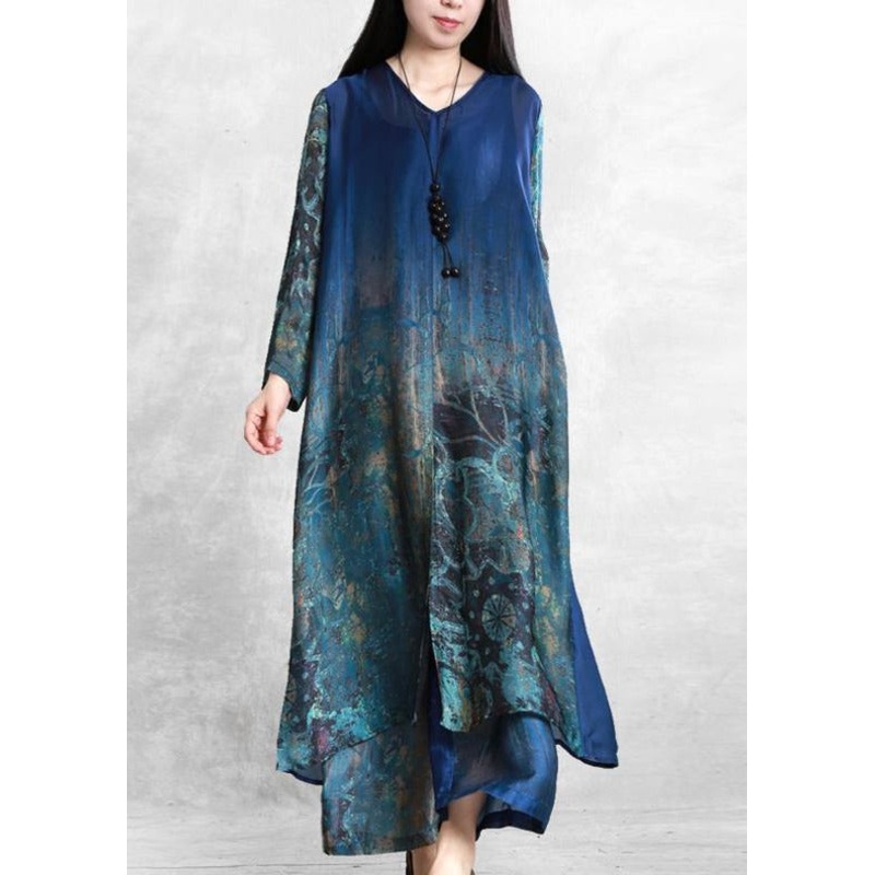Plus Size Loose-blend Silk Blue V-neck Shirt + Wide-leg Pants Two Pieces