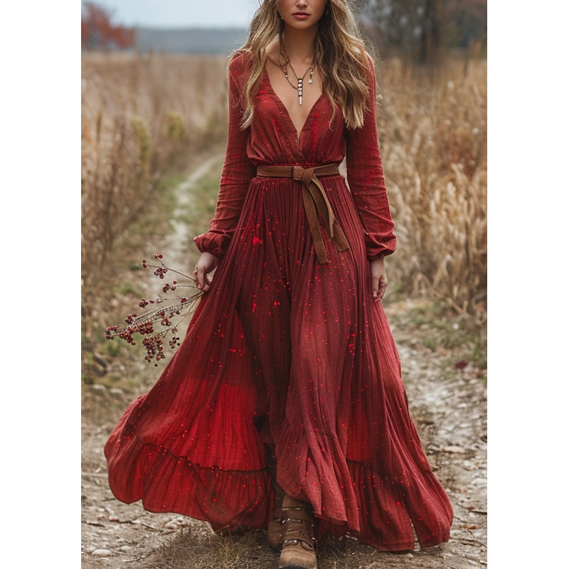 Plus Size Red V Neck Wrinkled Patchwork Cotton Dress Long Sleeve