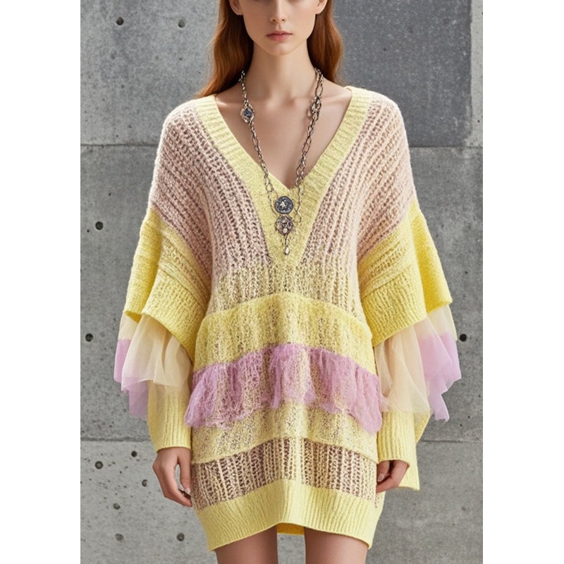 Plus Size Yellow Hollow Out Patchwork Tulle Knitted Dress Fall