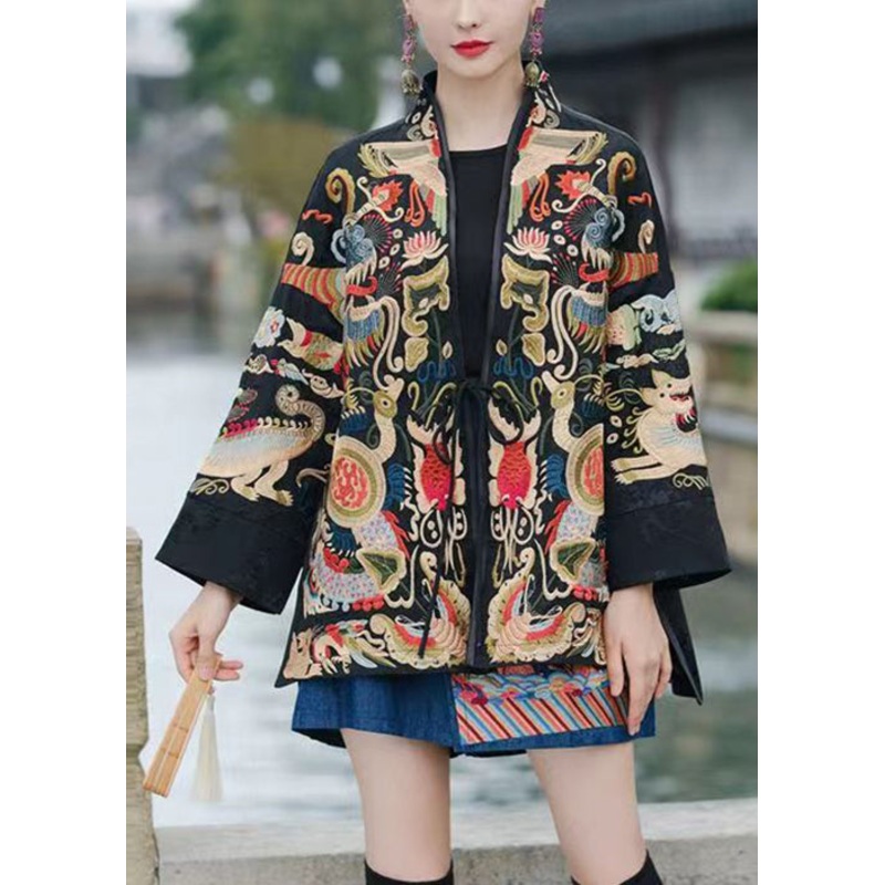 Red Lace Up Embroidered Silk Coats V Neck Long Sleeve