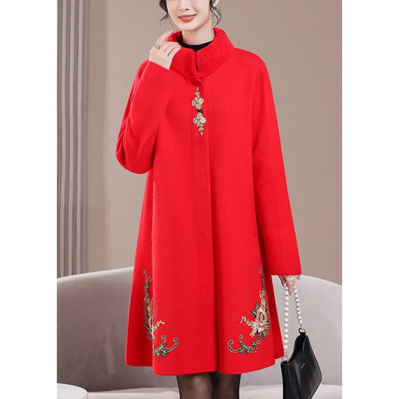 Red Pockets Zircon Wool Spring Coats Stand Collar