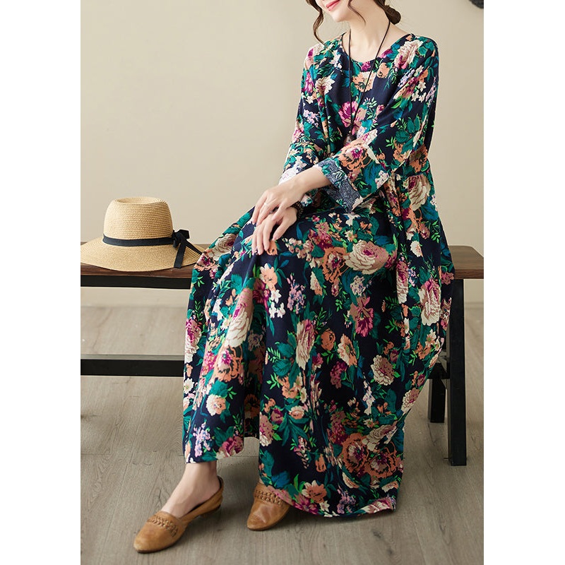 Retro Blue O-Neck Print Pockets Long Dress Spring