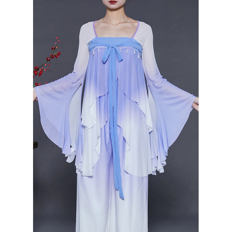 Silm Fit Blue Tasseled Gradient Color Chiffon Top Flare Sleeve
