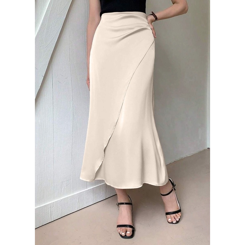Slim Fit Apricot Asymmetrical Design Silk Skirt Summer