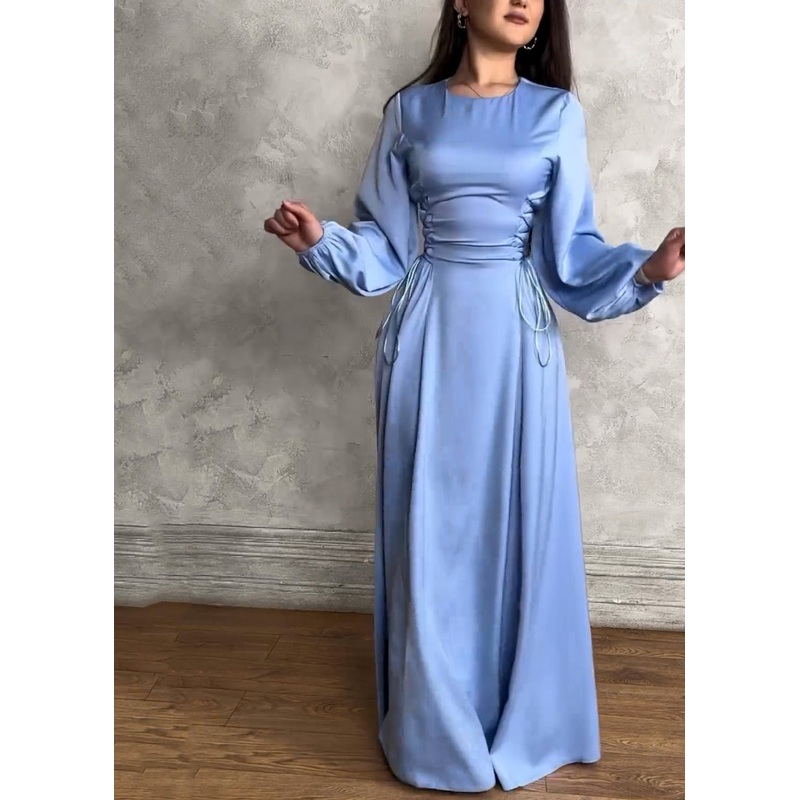 Slim Fit Blue O Neck Lace Up Silk Long Dresses Fall