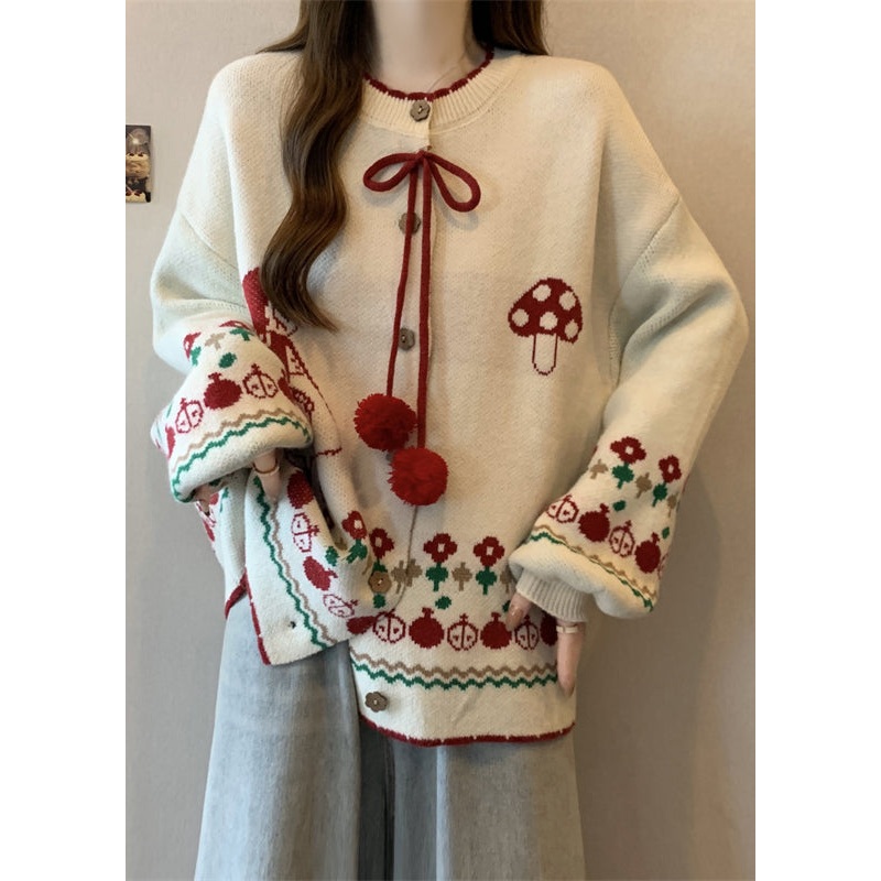 Style Apricot O Neck Lace Up Jacquard Knit Cardigans Winter