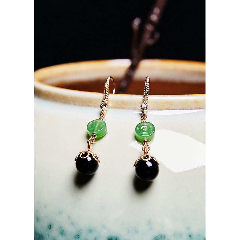 Style Black Agate Tassels Jade Drop Earrings