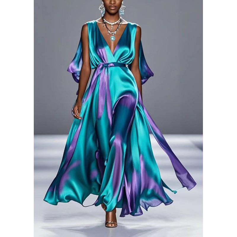 Style Green Tie Dye Exra Large Hem Silk Long Dress Summer