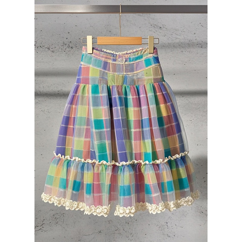Style Rainbow Plaid Patchwork Lace Tulle Skirts Summer