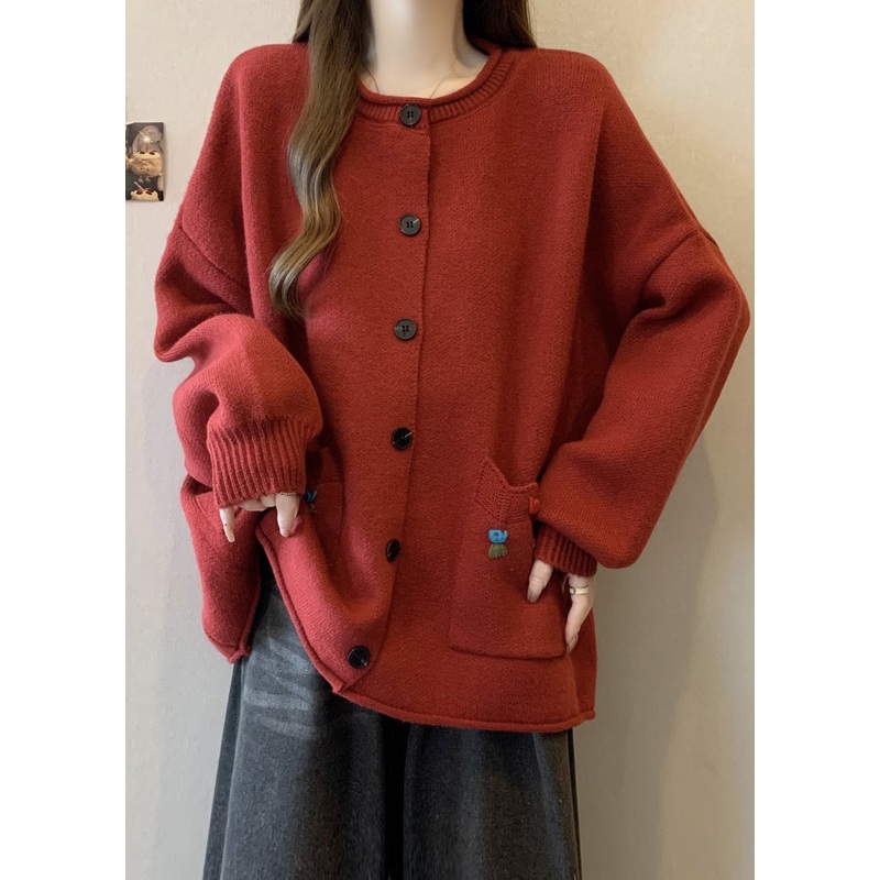 Style Red O Neck Button Pockets Knit Cardigan Winter