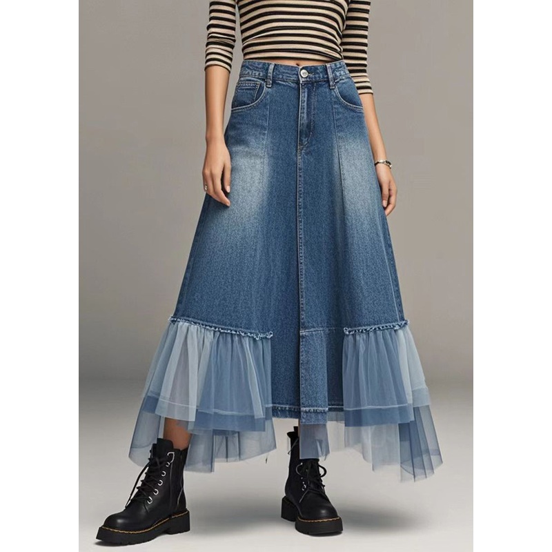 Stylish Blue High Waist Patchwork Tulle Denim A Line Skirts Spring