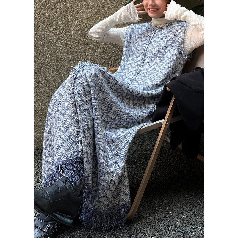 Stylish Blue Tasseled Knit Vest Dress Sleeveless