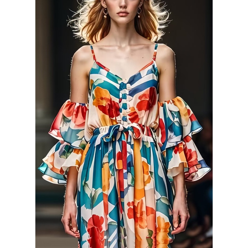 Stylish Cinched Print Silk Spaghetti Strap Dress Butterfly Sleeve