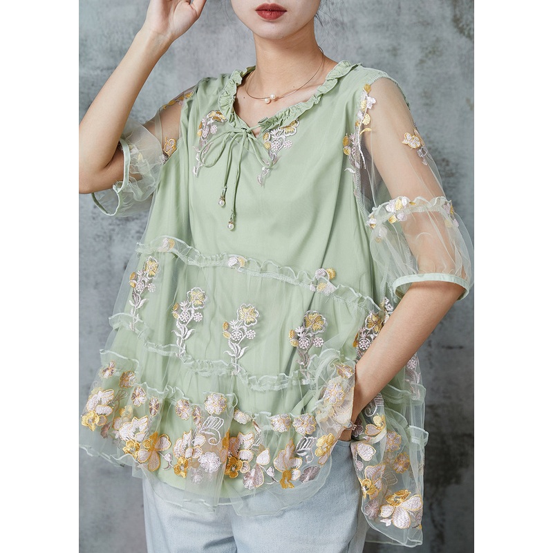 Stylish Green Embroidered Ruffled Tulle Blouse Tops Summer