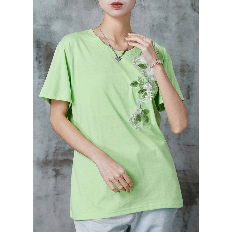Stylish Green Embroideried Floral Cotton Tank Summer
