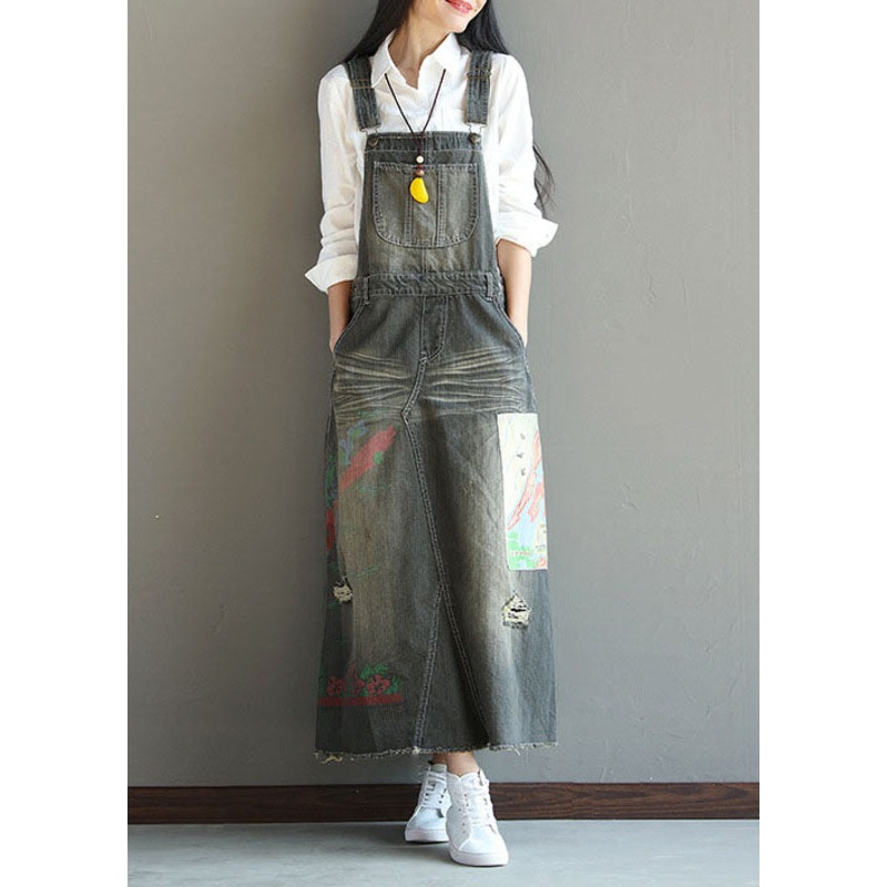 Stylish Grey Patchwork Print Denim Carpenter Dress Spring
