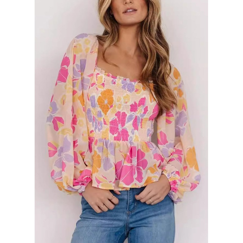 Stylish Pink Square Collar Ruffled Print Tops Fall
