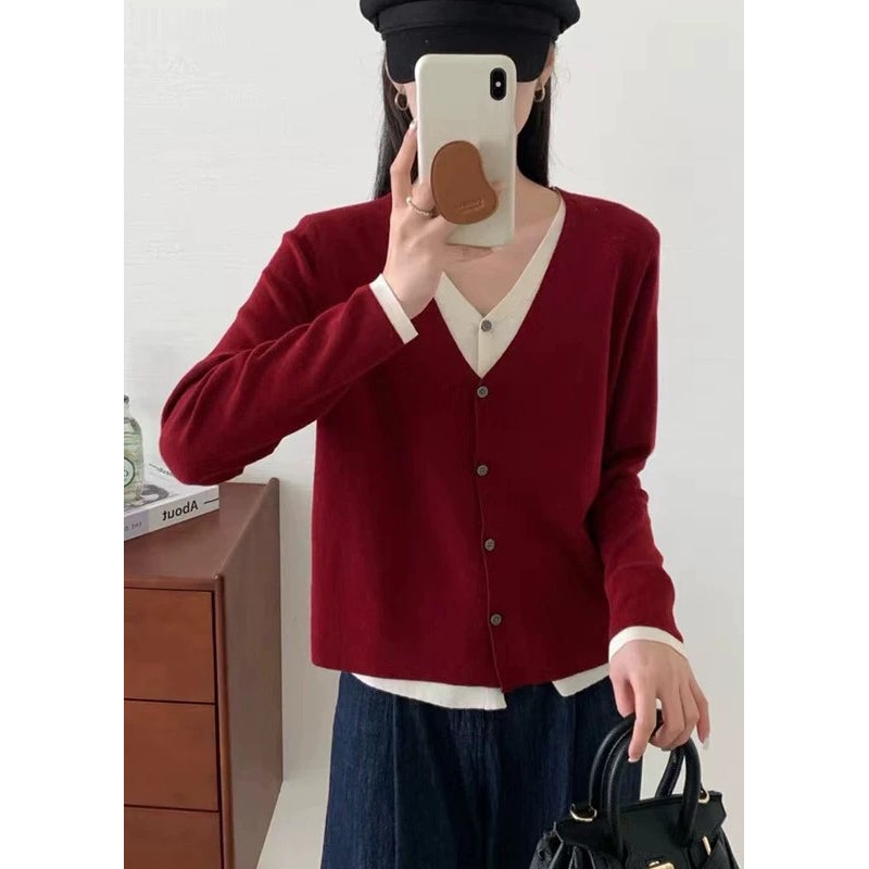 Stylish Red V Neck Button False Two Pieces Knit Cardigan Fall