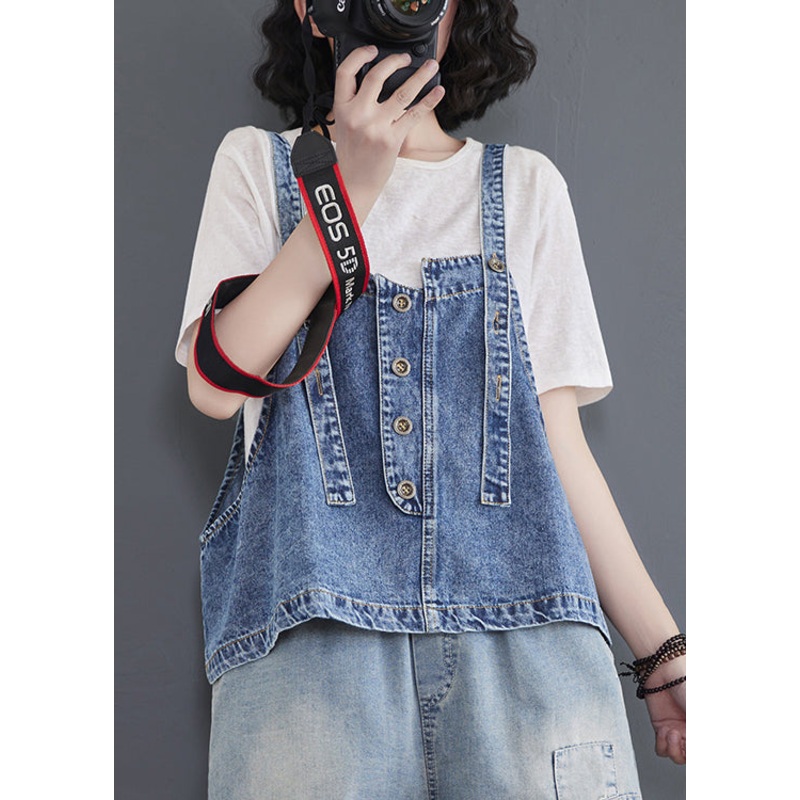 Stylish Versatile Blue Short Denim Strap Vest Sleeveless