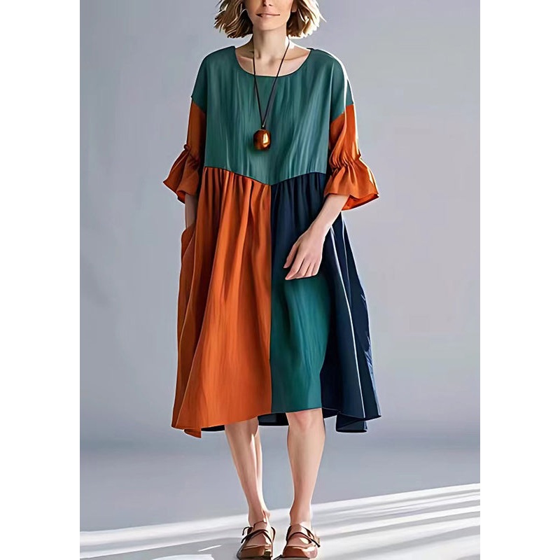 Unique Green Orange Oversized Patchwork Cotton Dresses Summer