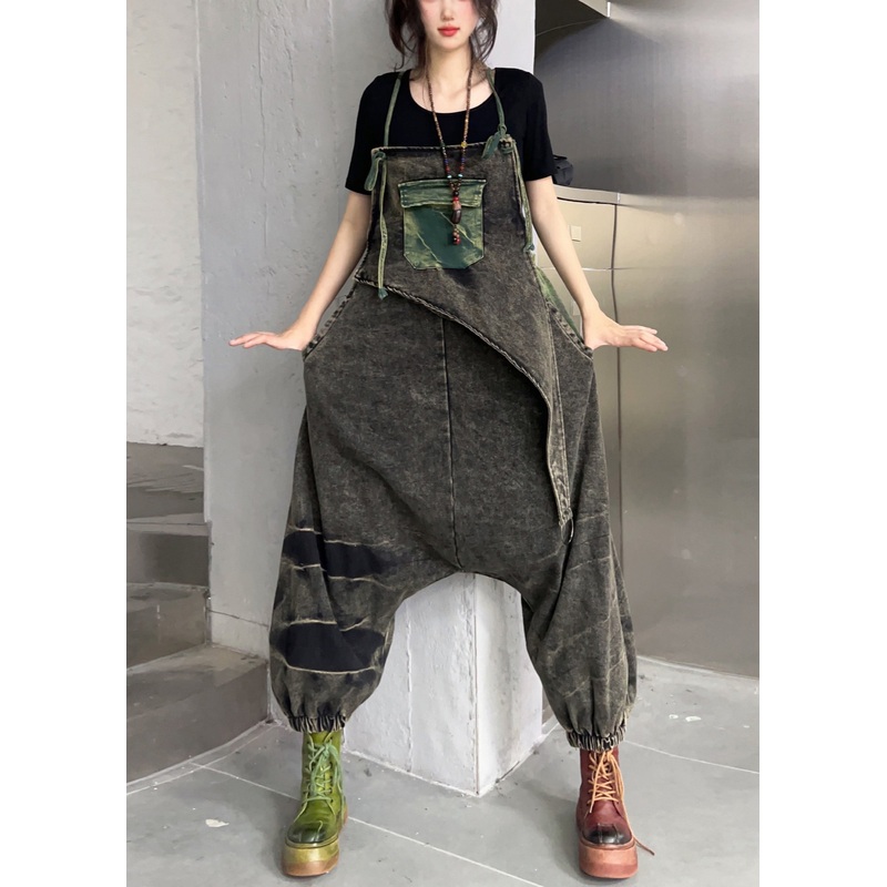 Vintage Black Pockets High Waist Patchwork Denim Jumpsuit Sleeveless