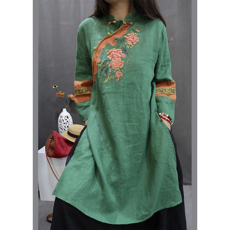 Vintage Green Stand Collar Embroidered Linen Holiday Dress Spring