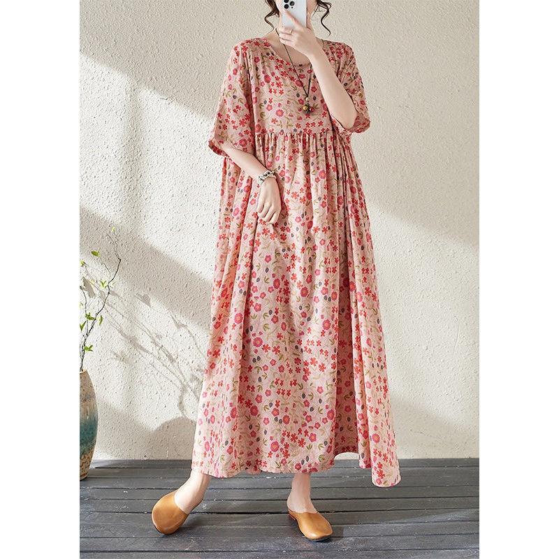 Vintage Red O-Neck Print Wrinkled Long Dresses Short Sleeve