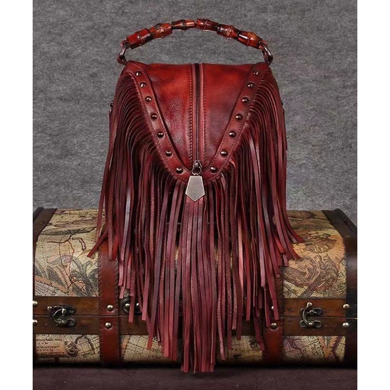 Vintage Red Tassel Rivet Calf Leather Satchel Bag Handbag