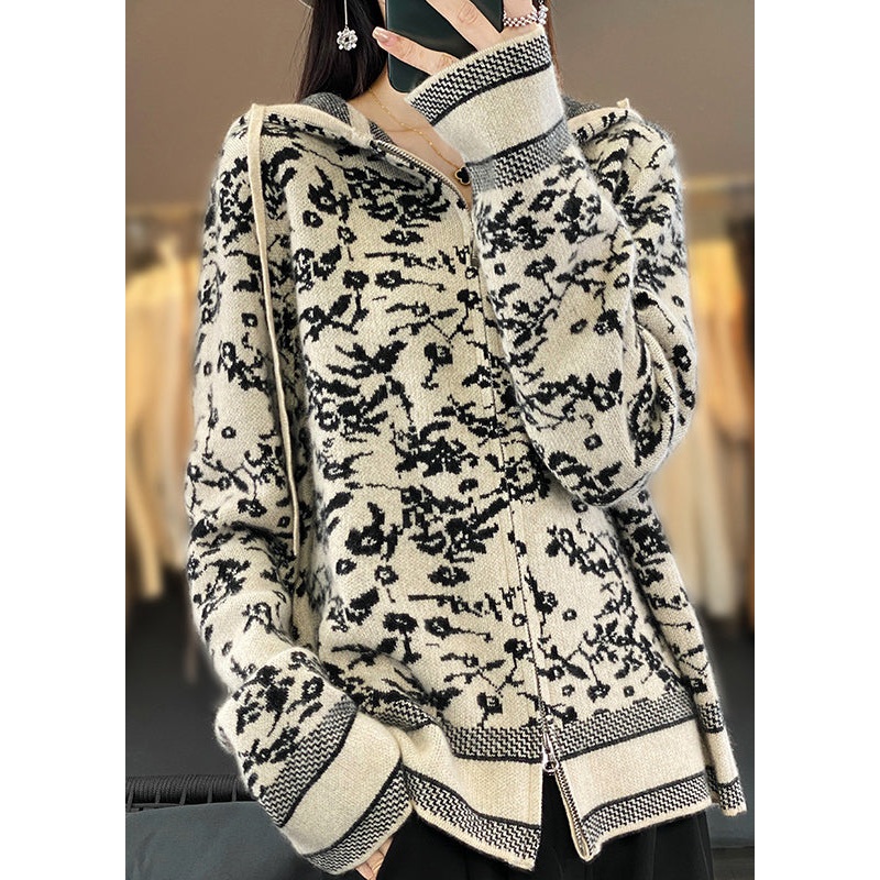 Women Beige Hooded Zippered Print Wool Knit Coat Long Sleeve