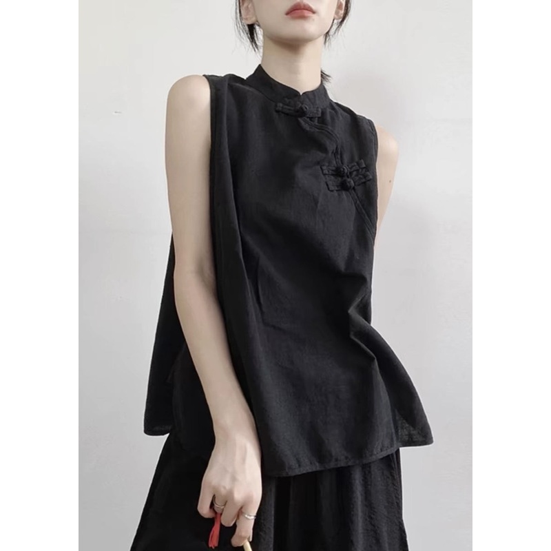 Women Black Stand Collar Button Cotton Vest Sleeveless