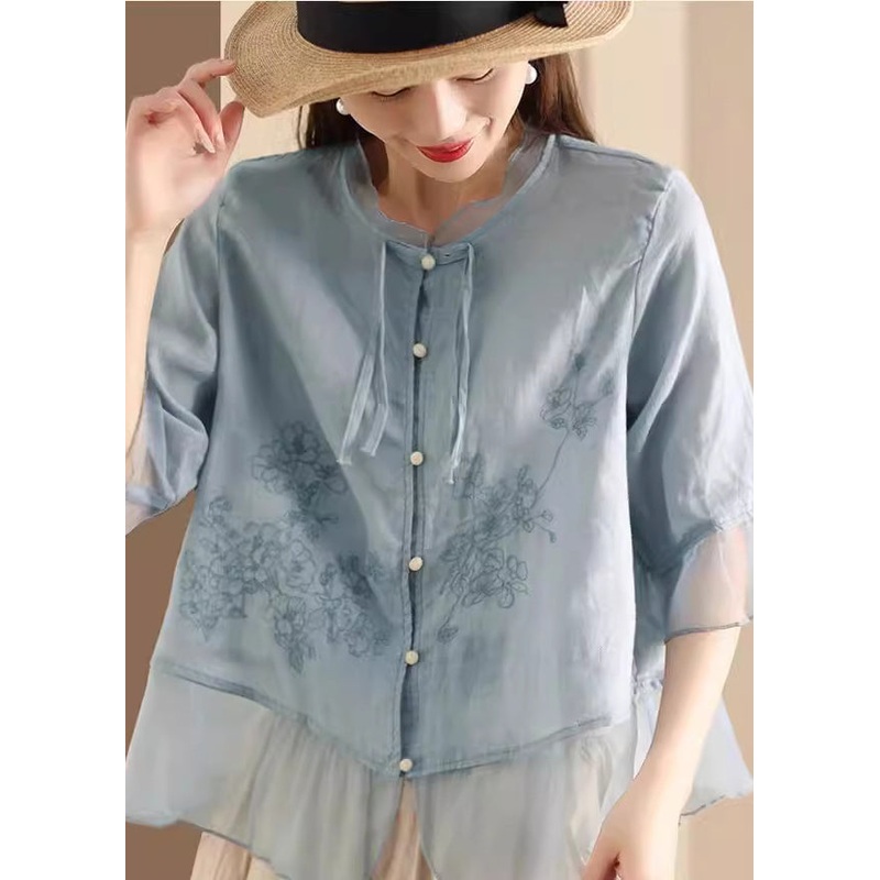 Women Blue Embroidered Tulle Patchwork Linen Shirt Summer