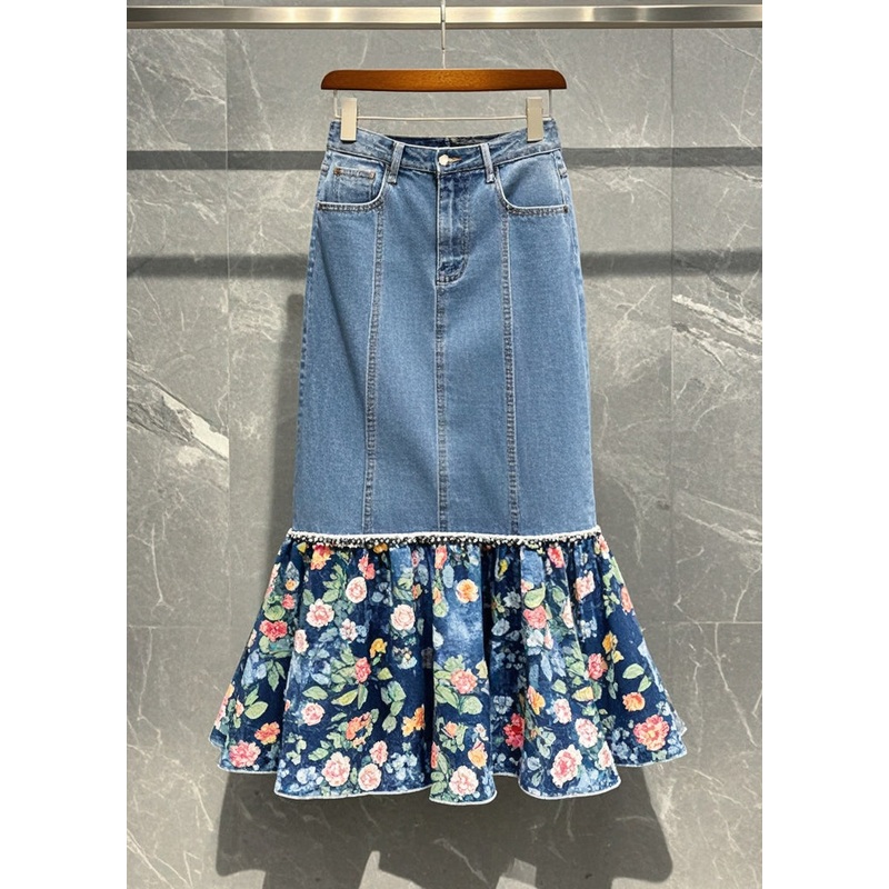 Women Blue Patchwork Print Denim Wraped Skirt Fall