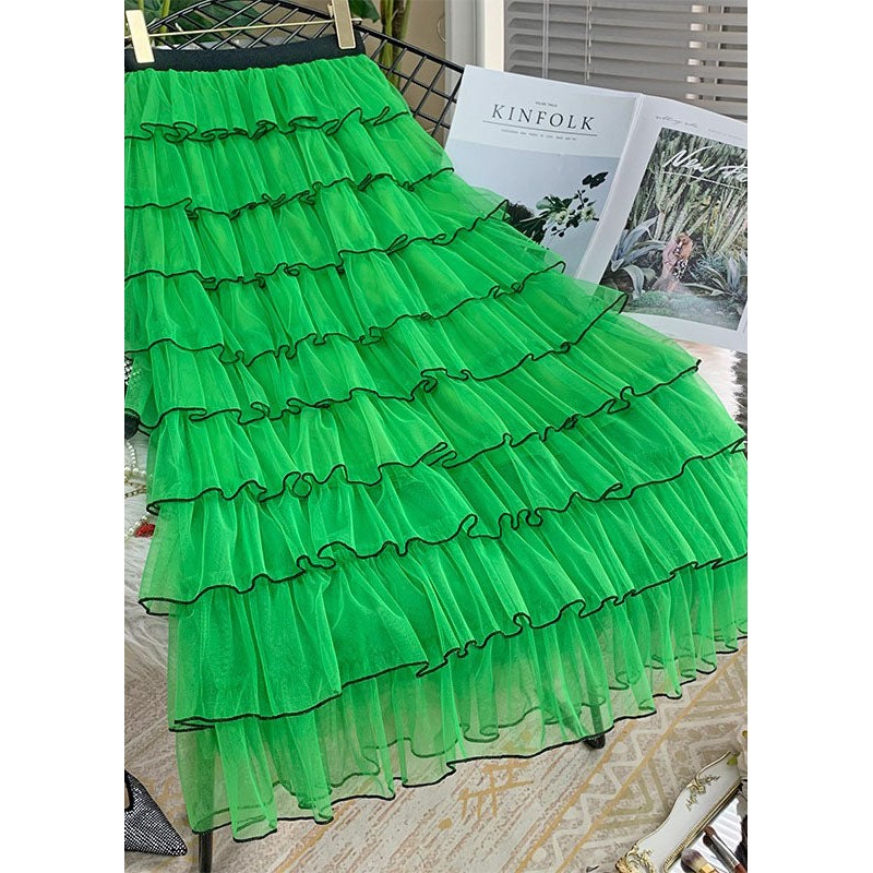 Women Green Layered Design Ruffled Tulle Skirts Summer