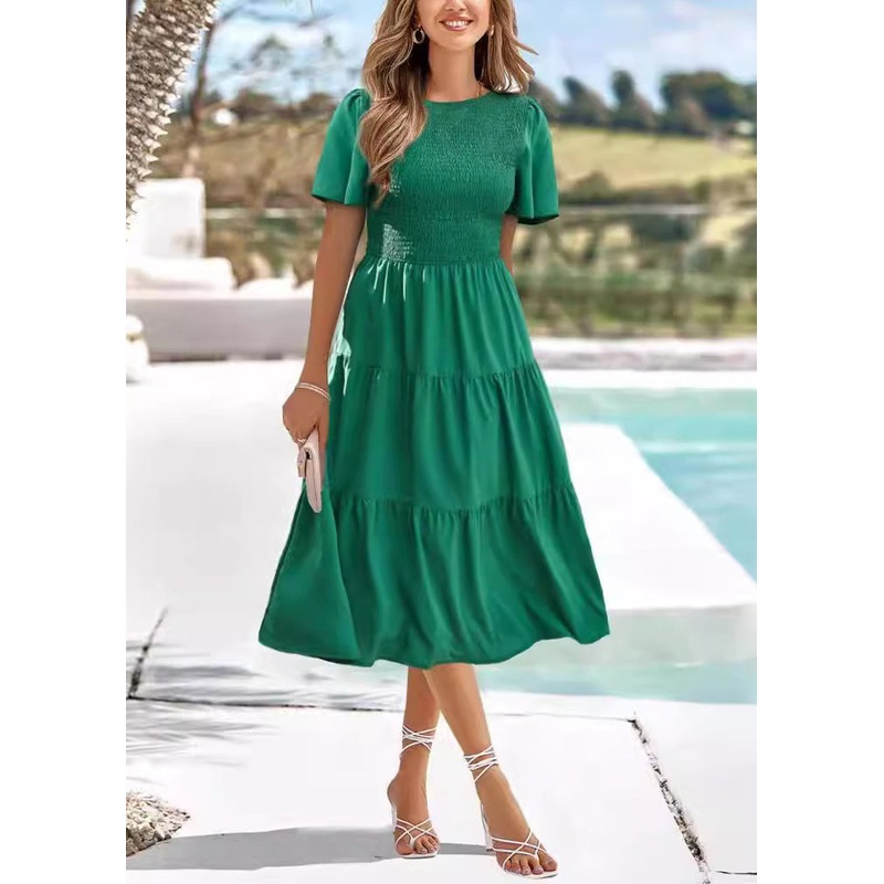 Women Green O-Neck Wrinkled Patchwork Chiffon Dress Summer