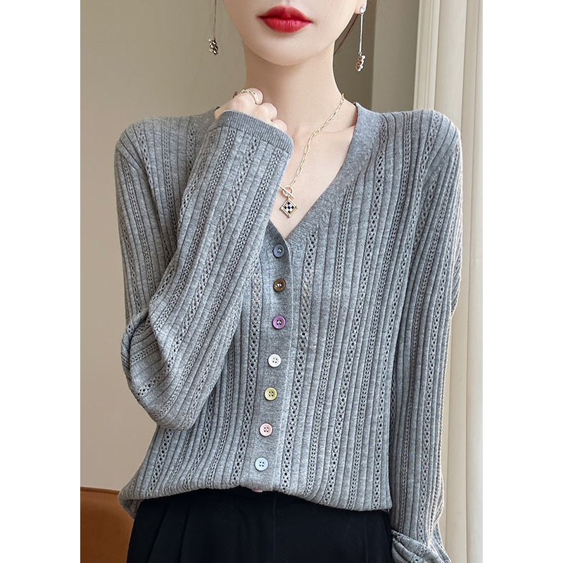 Women Grey V Neck Button Hollow Out Knit Top Fall