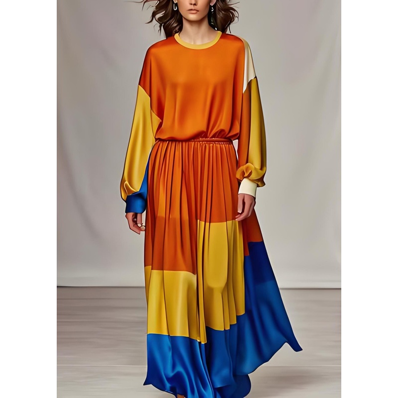 Women Orange O Neck Silk Two Pieces Set Long Sleeve