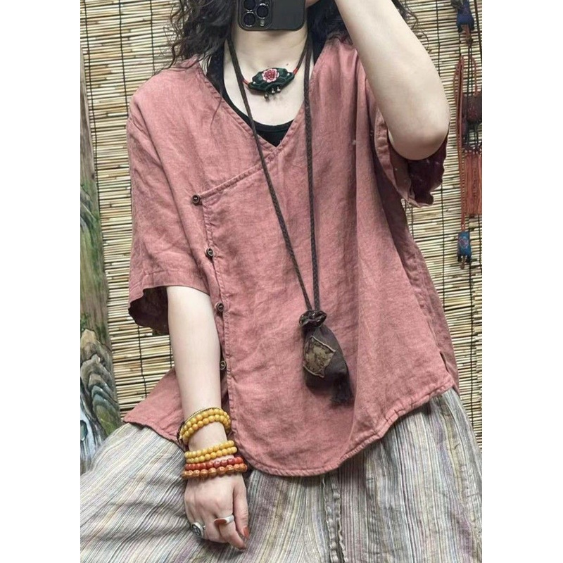 Women Pink V Neck Button Solid Cotton Shirt Summer