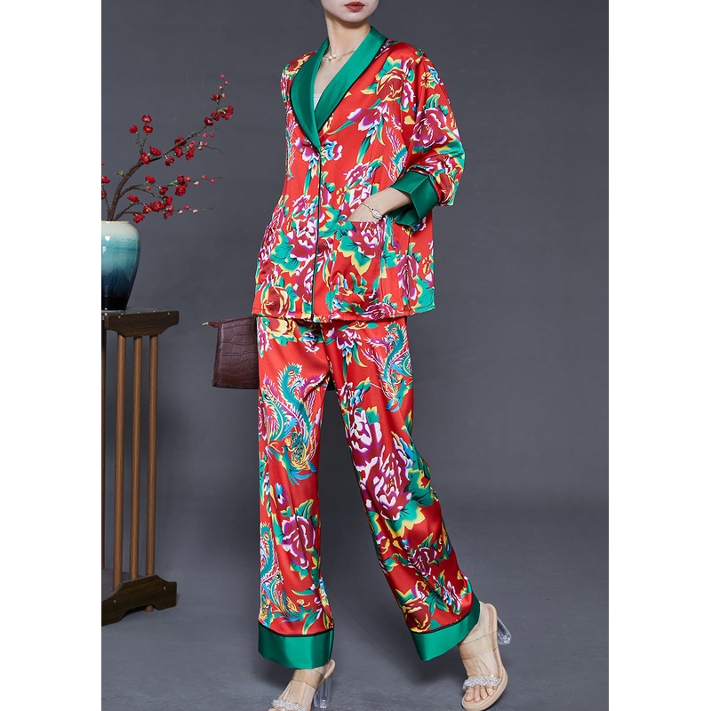 Women Red Peter Pan Collar Print Ice Silk Two Pieces Set Fall