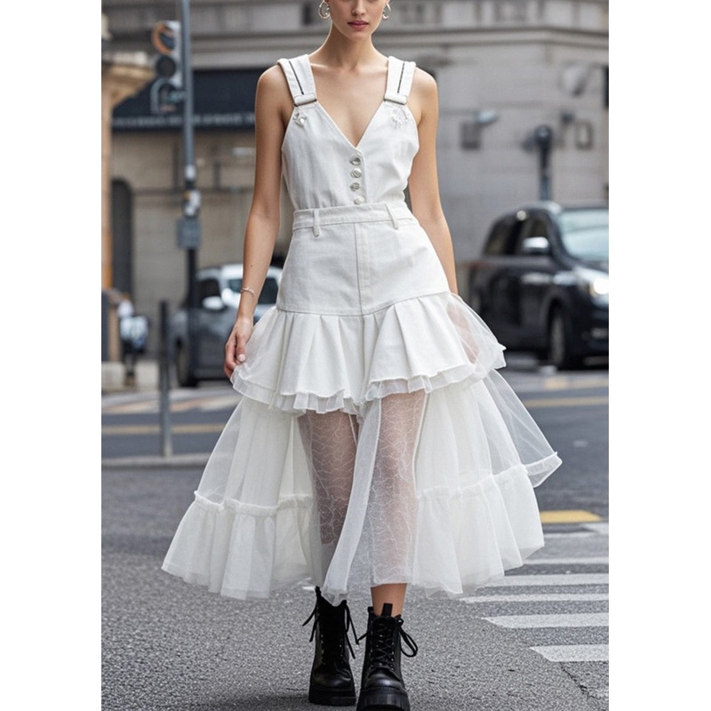 Women White V Neck Tulle Patchwork Denim Dress Summer
